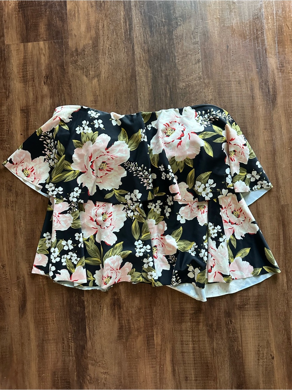 Off-Shoulder Floral Peplum Swim Top - Black with Pink Flowers